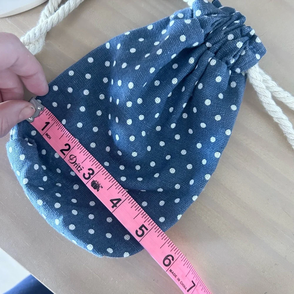 Kids Polka Dot Navy Drawstring Pouch Bag with Flower Button